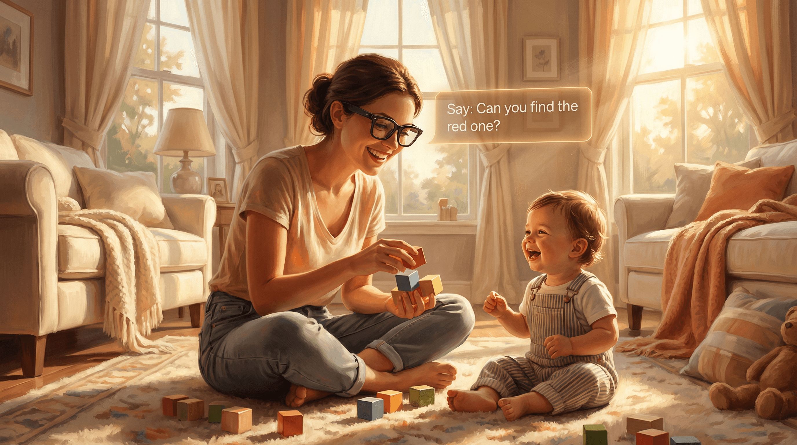 Caregiver playing with child while wearing AR glasses